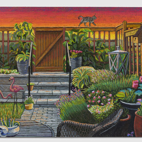 JJ Manford, Suburban Psychedelic Garden with Plastic Flamingos, 2023. Oil stick, oil pastel, and Flashe on burlap over canvas, 64 x 80 inches. Courtesy of Derek Eller Gallery