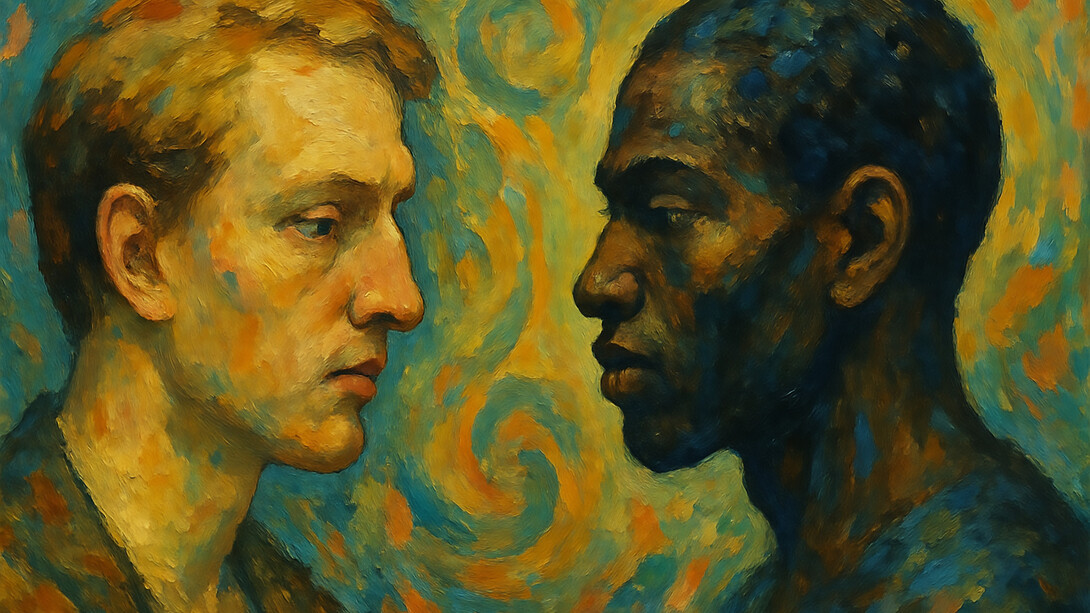 A symbolic portrayal of dialogue and identity—two figures face each other in a swirl of colors, reflecting the search for solidarity beyond division