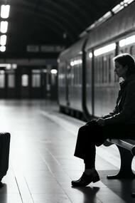 A lone traveller waiting on a platform, representing the choice to continue the journey despite unresolved chapters