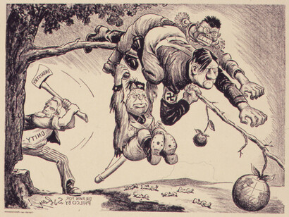 ''Out on a Long, Long Limb'' - desenho animado americano desenhado para a Philco Corporation (artista: Silvey Jackson Ray), por volta de dezembro de 1942. Fascismo na Itália: um sistema político baseado na força, virilidade e obediência ao líder. Descubra suas origens e impactos
