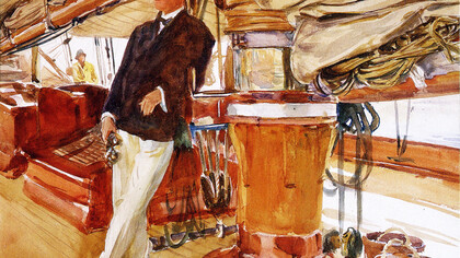 John Singer Sargent, Captain Herbert M. Sears on deck of the Schooner Yacht Constellation, 1924, gouache, aguarela sobre papel. Peabody Essex Museum, Salem, Massachusetts