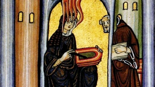Ildegarda di Bingen ritratta nel Rupertsberger Codex del Liber Scivias, 1151 d.C. (dettaglio)