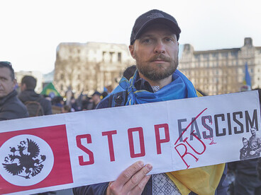 Pro-Ukraine demonstrators gather in London’s Trafalgar Square, United Kingdom, in a public show of solidarity against Russian aggression and support for Ukraine’s sovereignty