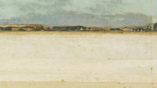 Landscape with 81, Collage with paper on antique book cover, 5 1/16 x 7 7/8 inches, Signed (at lower right, in pencil): R Ohnigian, Executed in 2013