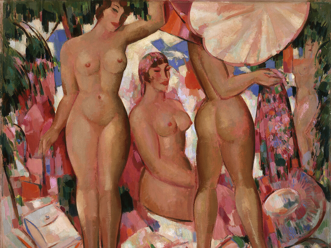 John Duncan Fergusson, Bathers, the Parasol, 1951, Oil on, canvas, The Fergusson Gallery, Perth & Kinross Council, presented, by the J.D. Fergusson Art Foundation (1991), © The Fergusson Gallery, Perth & Kinross Council, Scotland