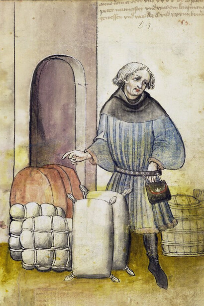 Comerciante medieval representado en Hausbuch der Mendelschen Zwölfbrüderstiftung, Band 1 (1440)