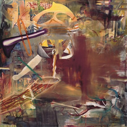 DJ Techno, 2001. Oil and acrylic on inkjet print on canvas, 141 3/4 x 133 7/8 in (360 x 340 cm). Private collection, courtesy Galerie Max Hetzler, Berlin. Image courtesy the artist and Galerie Max Hetzler, Berlin