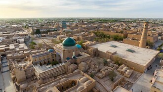 Itchan Kala, the inner fortress of Khiva, is located to the South of the Amu Darya River (known as the Oxus in ancient times) in the Khorezm region of Uzbekistan