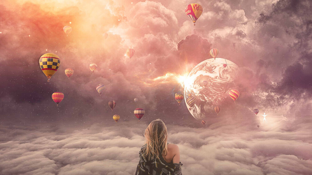 A woman sitting in the clouds, looks out into the universe, with balloons, planets, and a soul