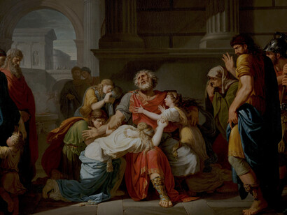 «El ciego Edipo encomienda sus hijos a los dioses» (1784), B. Gagneraux: en la valoración positiva de la tragedia que hace Aristóteles, juega un papel central su famosa teoría de la catarsis