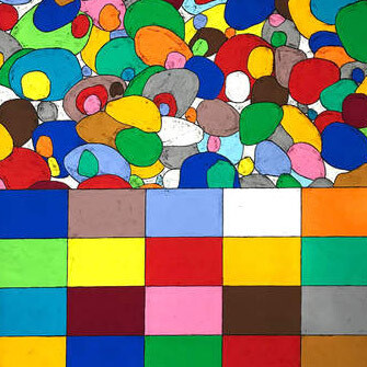 Matt Mullican, 'What My Eye Sees (Color),' 2018. Acrylic gouache and oil stick rubbing on canvas, in two parts, 78 3/4 x 157 1/2 in. (200 x 400 cm). Courtesy the artist and Peter Freeman, Inc. New York / Paris