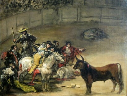 Platero y yo: 70 – Los toros: a lo lejos sube sobre el pueblo, como una corona chocarrera, el redondo vocerío, las palmas, la música de la plaza de toros, que se pierden a medida que uno se va, sereno, hacia la mar... Y el alma, Platero, se siente reina verdadera de lo que posee por virtud de su sentimiento. Francisco Goya (1746-1828). “Corrida de toros, Suerte de Varas”, 1824, óleo sobre lienzo