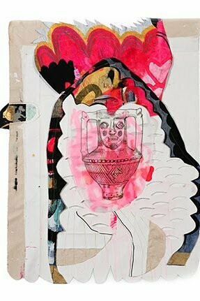 Jackie Milad, La Cueva Llena, 2023 | 45 x 33 inches / 114.3 x 83.8 cm, mixed-media collage on found canvas. Courtesy of the artist and Pentimenti Gallery