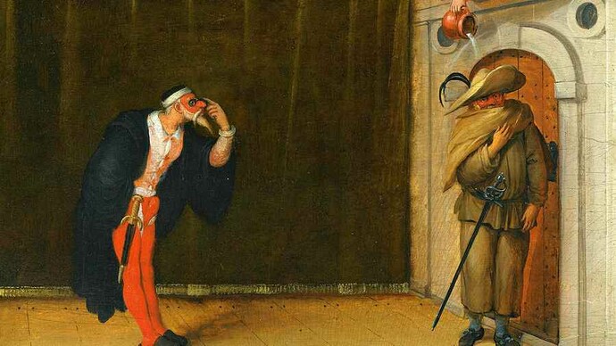 Flemish painting of I Gelosi theatre company, one of the most famous Commedia dell'arte troupes, late 16th-century. In this section of the painting, we can see Pantalone and Brighella.