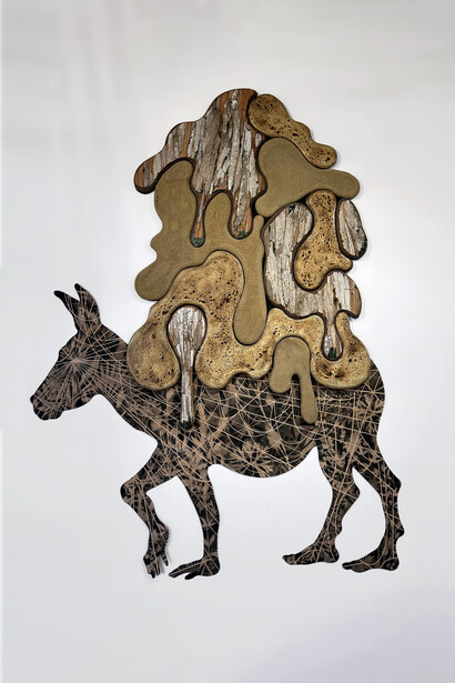 Hector Dionicio Mendoza, Beast of burden jackass (Pinche burro asno), 2023-2024. Mixed media, 95 x 72 x 1 in. Courtesy of Luis De Jesus Los Angeles