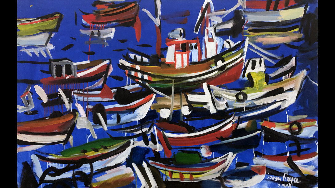 Jason Berger, Postcards from Portugal, 2003, oil on canvas, 35×55 inches, signed and dated lower right: “jason berger 2003”, from the estate of the artist. Courtesy of Childs Gallery