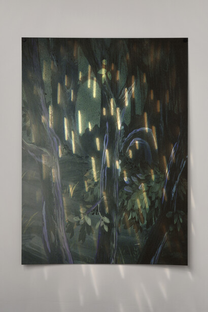 Bridget Smith, Painted Forest (raining), 2015, inkjet print on somerset paper, theatre ‘rain’ light, Courtesy Focal Point Gallery, Photo: Manuela Barczewski

