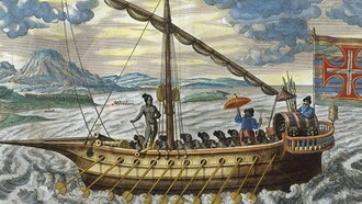Fusta em Jan Huygen van Linschoten, Itinerario. Voyage ofte schipvaert van Jan Huyghen van Linschoten naer Ost ofte Portugaels Indien. 1579-1592, Cornelis Claesz, Amsterdam, 1596
