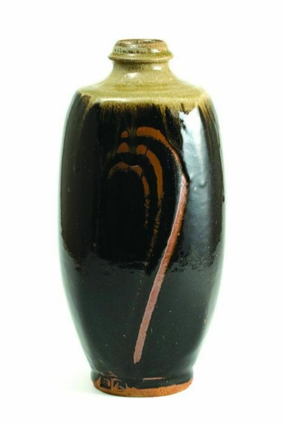 Jim Malone, Footed Bottle, tenmoku with ash glaze with a finger wipe design