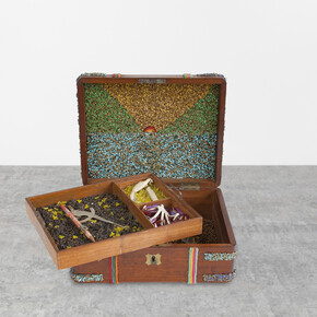 Lucas Samaras (b.1936), Box #63, 1967, wood construction with plastic, yarn, metal, painted metal, pencil, hair pin, bones, paper and glass. Courtesy of Michael Rosenfeld Gallery LLC, New York, NY.