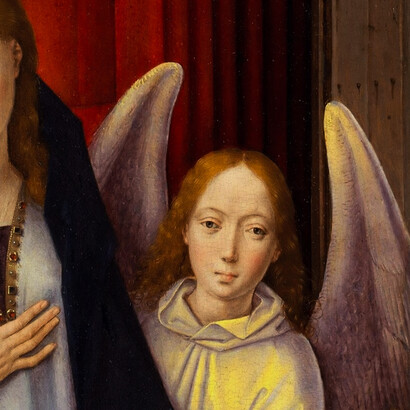 „Die Verkündigung“ (ca. 1465), Fragment. Hans Memling. Öl auf Holz (77X55 cm), Metropolitan Museum of Art, New York. Eine weitere Bedeutung der beiden Engel ist die Ehrfurcht und der Respekt vor der Mutter Gottes