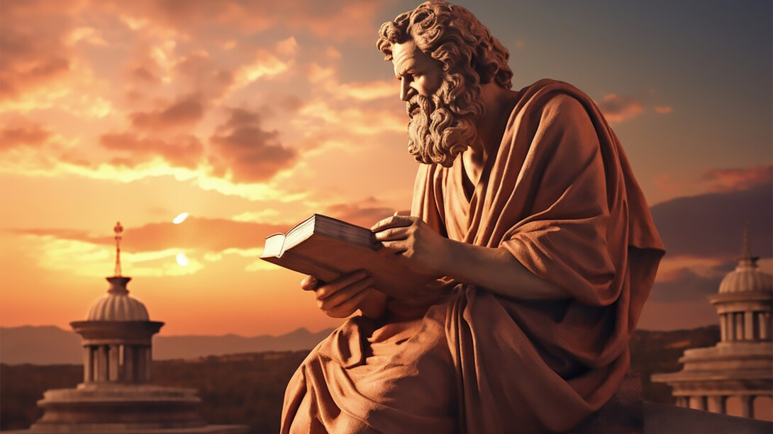A statue of an ancient Greek philosopher, depicted as a deity, holding a book to symbolize wisdom and knowledge