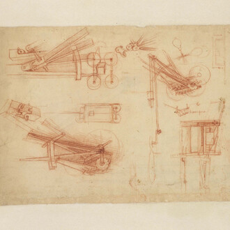 Schizzi di catapulte (SB), penna e inchiostro su carta, 190 – 252 x 113 – 226 mm, antica numerazione 74, C.A. f. 1100 r (ex 396 r-a), circa 1490
