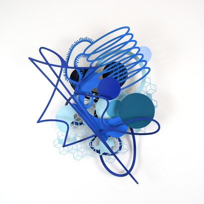 Wendy Letven, Blue Spinner, acrylic, enamel and aluminum, 24x21x5 inches. Courtesy the artist and Beth Urdang Gallery