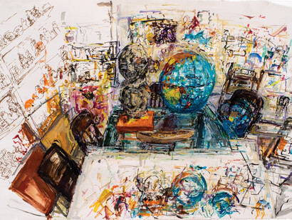 Globe and Double Heads, 2014, Acrylic on paper,
30 x 44 inches