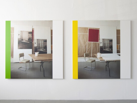 Ian Wallace, In the Studio (Work in Progress) I & II, Photolaminate with acrylic on canvas, Diptych, 60 x 60 inches each panel, 1996 / 2013