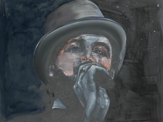 Ena Swansea, master of ceremonies, 2014, oil on graphite on canvas, 48 x 60 inches, 121.9 x 152.4 cm. Courtesy of Friedman Benda and the artist. Photography by: Christopher Burke Studio.