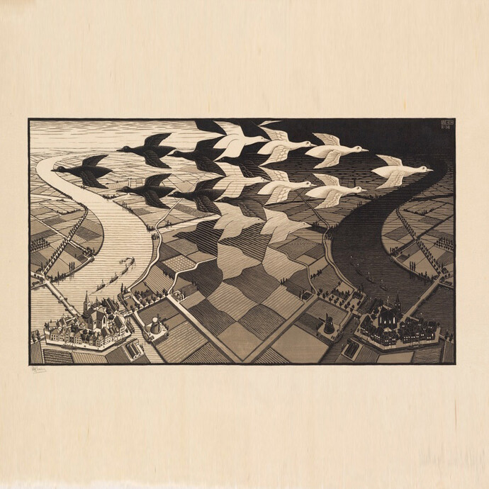 Maurits Cornelis Escher (1898 – 1972), Day and night, 1938, Woodcut on Japanese paper, Museum Boijmans Van Beuningen
