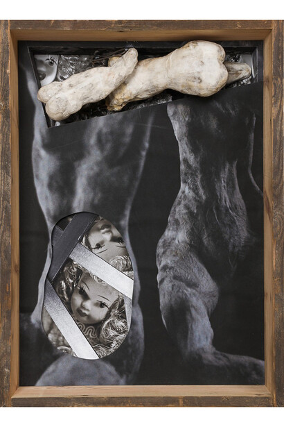 Kalliopi Lemos, Boxed World no.6, 2015, Dimensions: 74 cm x 54 cm x 20 cm, Photographs and small figurines made of steel skeleton, air drying clay and Japanese paper, installed in a wooden box made with reclaimed wood from the roof of an old Georgian house
