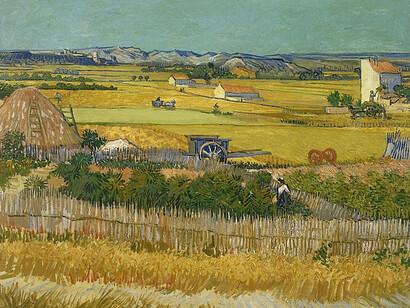 "The Harvest" artwork by by Vincent Van Gogh, painted in June 1888 in Arles, in the south of France, depicting peasant life and work on the land