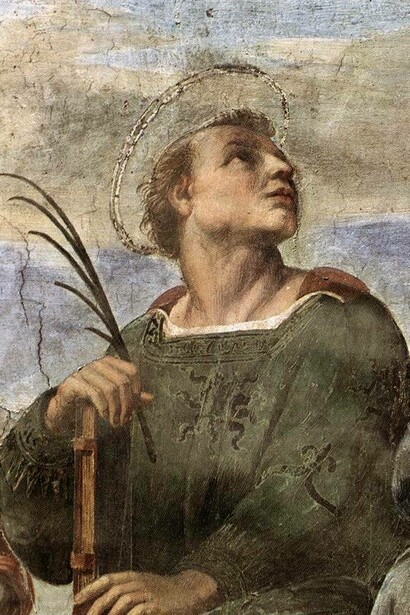 Particolare della Chiesa Trionfante con san Lorenzo, "Disputa del Sacramento", Raffaello