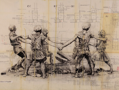 Eva Grün, mites en paradis (Stalingrad), 2014, Encre et journal sur plan, 70 x 108.5 cm © Courtesy Galerie Römerapotheke