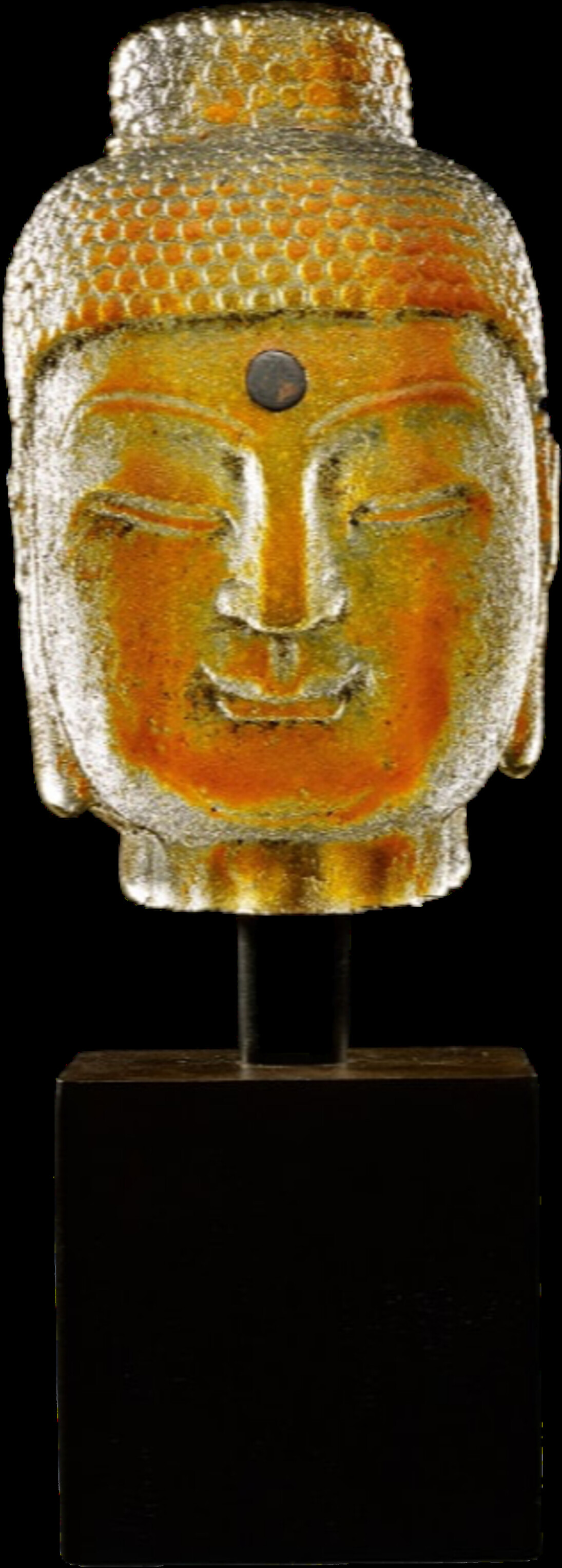 Marlene Rose, Orange stone Buddha, 2021, sand cast glass & steel, 20x6x6 inches