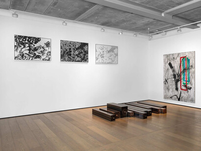 Gregor Hildebrandt, Auf falscher seite in die falsche richtung (On the wrong side in the wrong direction), exhibtion view. Courtesy of Almine Rech Gallery