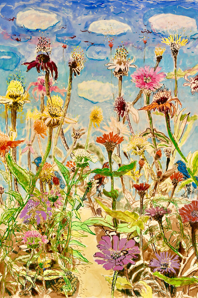 Carol Barsha, Garden variation with three birds, 2024. Courtesy of Anita Shapolsky Gallery