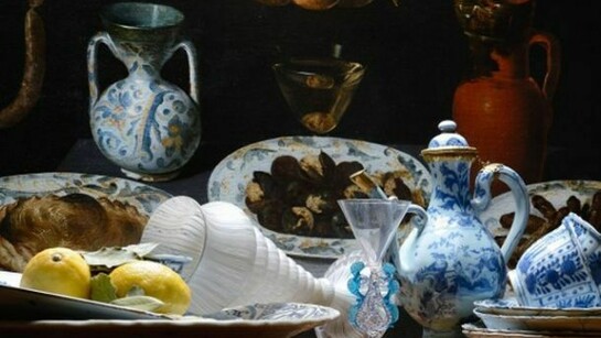 Group of ceramics and glasses from the 17th century with a still life painting by School of Madrid, 1620s