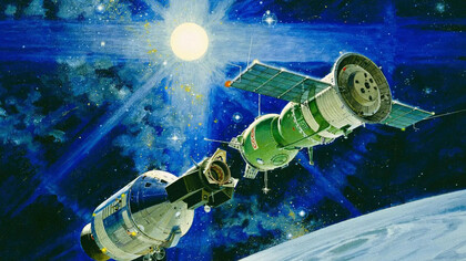Disegno dell’incontro fra la astronave Apollo e la cosmonave Soyuz durante la missione ASTP (NASA)