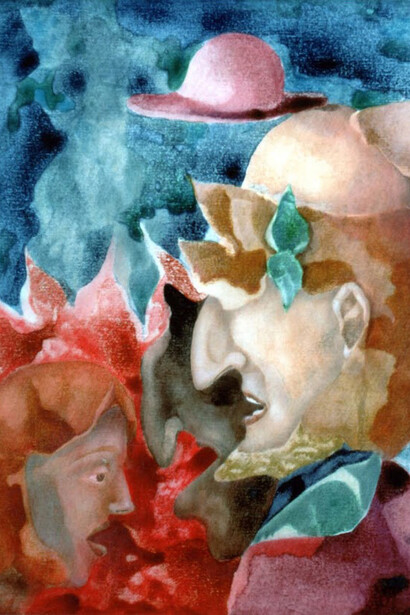 Agostino De Romanis, Dante e Beatrice, tecnica mista su cartone, cm 50x50, 1997, particolare