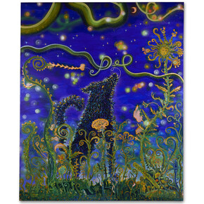 JJ Manford, Moogles Barking at The Moon, 2014, Acrylic, collage, and spray paint on canvas, 74x61 inches