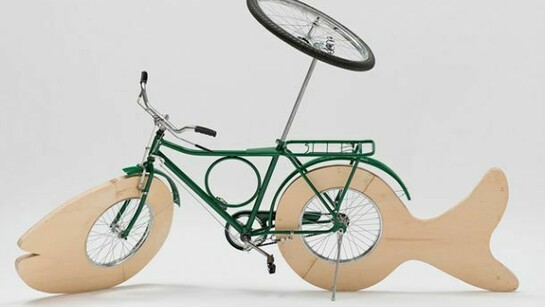 Marepe, Peixe Com Auréola, 2012, Bicycle and ply wood, 42 1/4 x 102 x 24 7/8 inches, (107.3 x 259.1 x 63.2 cm)