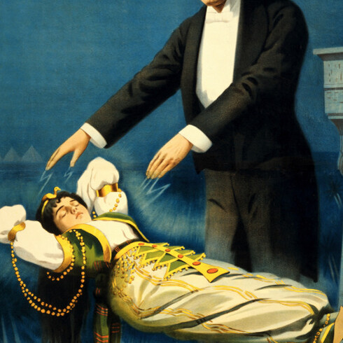 El mago estadounidense Harry Kellar, cosido a partir de tres piezas. Aquí recibe ayuda sobrenatural para levantar a la dama. Levitación. Cincinnati, Nueva York, 1900