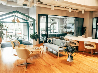 An empty modern startup office with an open-plan layout