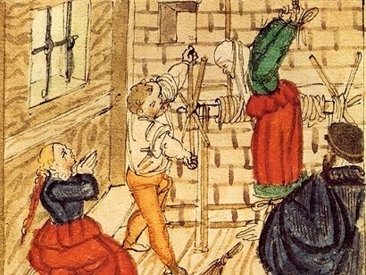 Tortura della moglie e della figlia di un carrettiere a Mellingen Hans Ueli (1577), illustrazione dalla Wickiana (collezione di Johann Jakob Wick, Zentralbibliothek Zürich)