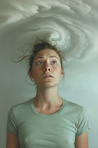 An overstimulated person lost in deep thought, symbolizing brain fog as a cloud hovering above their hea