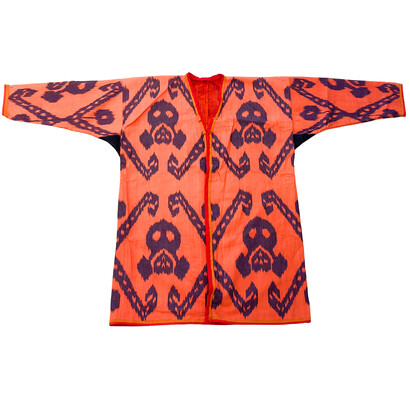 Dilyara Kaipova, Silk and velvet vs warning safety signs, garment on exhibition. Courtesy of Andakulova Gallery