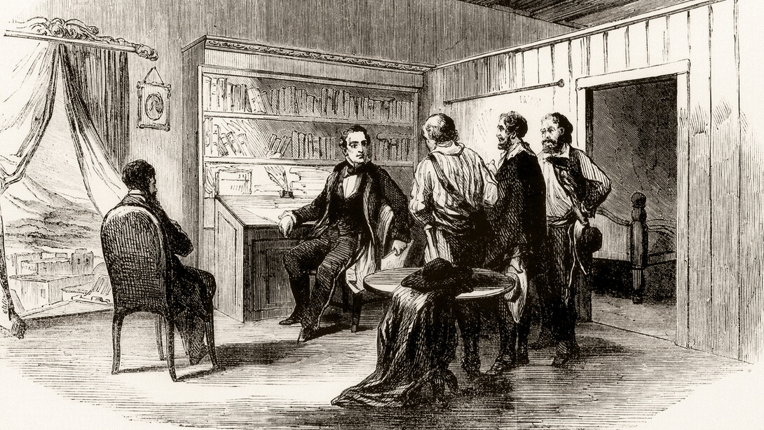 El líder filibustero William Walker con varios de sus compinches, en su oficina en Granada, Nicaragua. Fuente: «Frank Leslie᾽s Illustrated Newspaper»